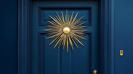 A navy blue front door with a gold-accented starburst design 