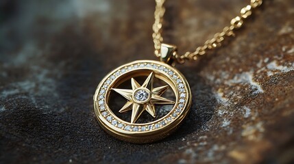 A necklace designed as a compass, with diamonds marking the cardinal points 
