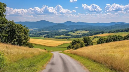 Naklejka premium A scenic summer road winding through green hills, with golden fields and distant mountains under a bright blue sky