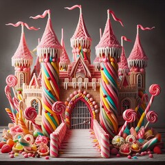 A candy-coated castle with licorice drawbridges and frosting towers.