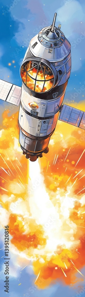 Aufkleber rocket launch explosion outer space digital art sci-fi environment dynamic perspective adventure con