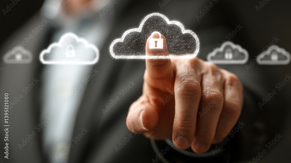 Poster close up of a hand interacting with a digital cloud security interface, featuring glowing cloud icon