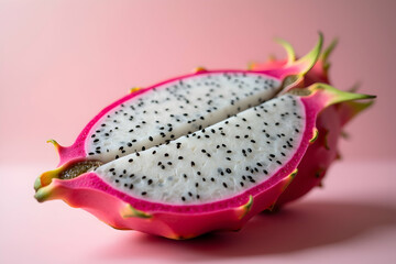 Macro Shot of a Sliced Dragon Fruit Exhibiting its Vibrant Colors and Unique Texture, Set Against a Soft Pink Surface in a Studio Lighting