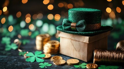 Festive leprechaun hat, gold coins, gift box, bokeh