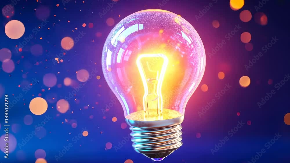 Poster light bulb splashing with colorful liquid on a blue background with bokeh effect, representing innov