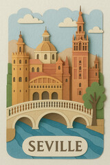 Fototapeta premium Colorful paper art of Seville cathedral with giralda and bridge