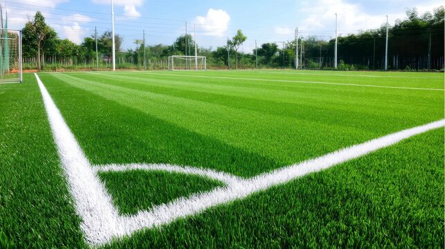 Lush Green Artificial Turf Soccer Field Corner under Partly Cloudy Sky