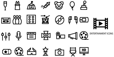 Entertainment simple concept 28 icons set. Contain such cinema, video, dance, game, music arts, photo and more .Vector illustration.