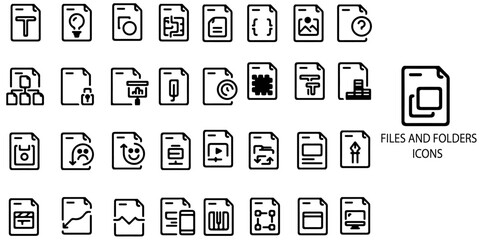 Files and Folders simple concept 32 icons set. Contain such folder download, document with checkmark and more .Vector illustration.	