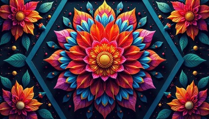 Intricate floral design within a hexagon, vibrant colors, colorful, polygon, spring