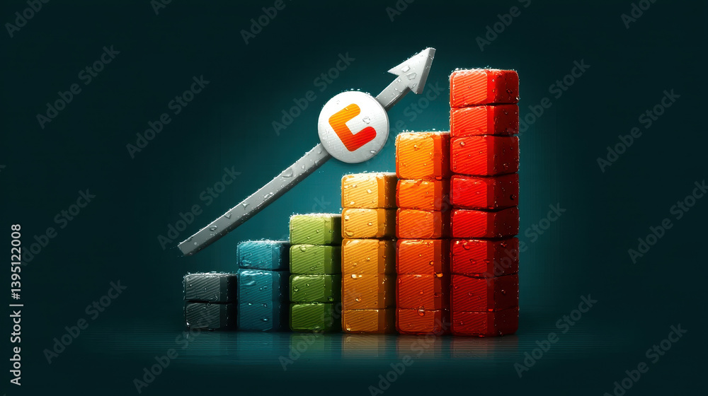 Poster abstract pixel art growth chart multicolored blocks and upward arrow