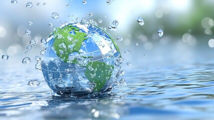 Miniature Earth Globe Submerged in Water with Droplets Splashing