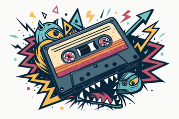 Design a chunky, bold vector illustration of a 1980s cassette tape morphing into a futuristic, abstract shape.  Emphasize vibrant 80s colors and a retro-futuristic style.