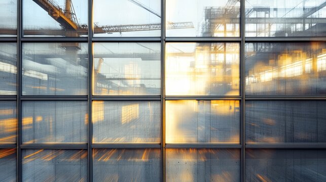 Reflected Cranes on Industrial Glass Facade at Sunset