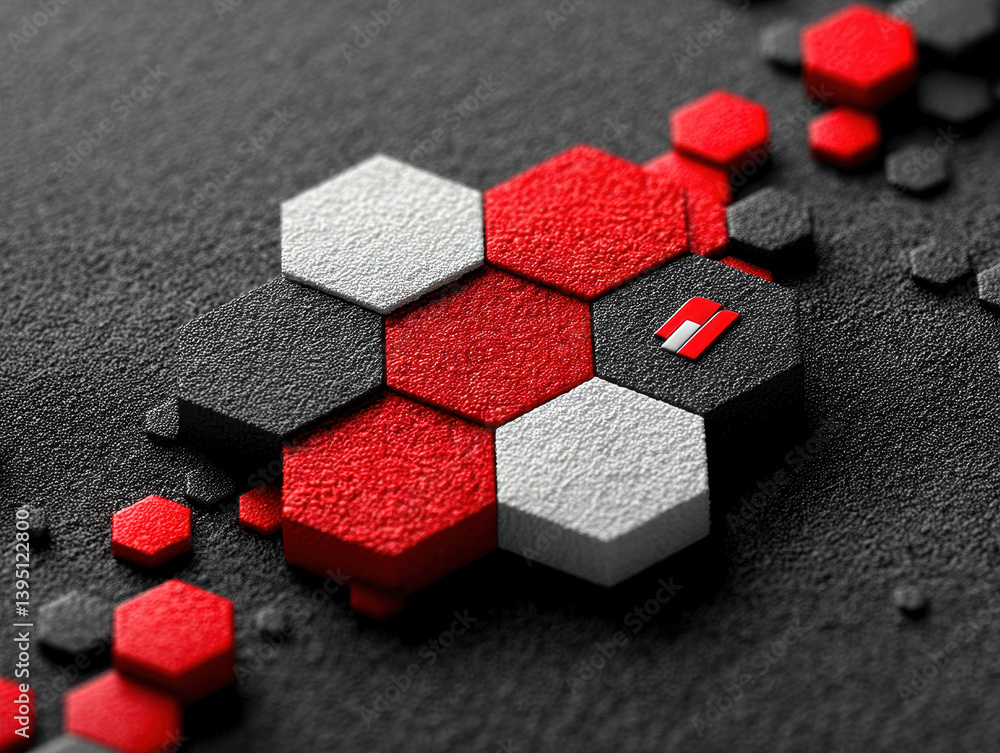 Poster abstract red and white hexagonal pattern on dark gray background
