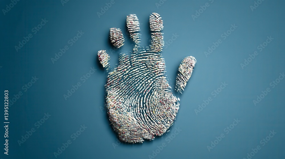 Poster abstract handprint formed from small, multicolored blocks against a muted blue background. the image