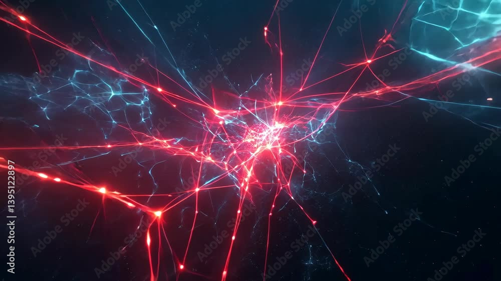 Aufkleber futuristic network of bright glowing red and blue lines converging at a central light source on a da