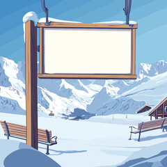 Blank Wooden Sign in Snowy Mountain Landscape