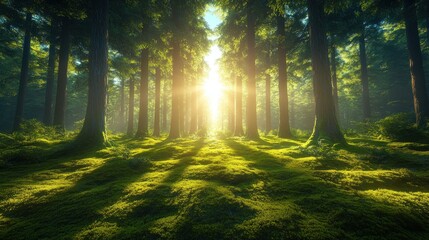 Fototapeta premium Sunlight streams through mossy forest floor (1)