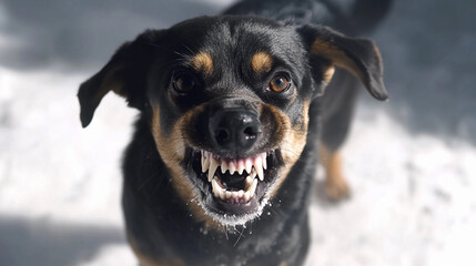 Aggressive black and tan dog showing sharp teeth in snow Generative AI