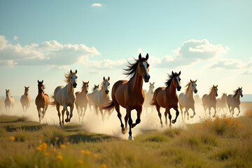Fototapeta premium Majestic herd of horses gallops freely across a vast prairie under a bright sun, symbolizing freedom, strength, and the beauty of the natural world