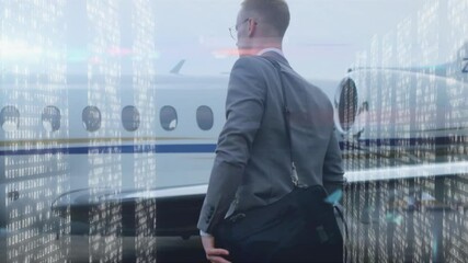 Businessman boarding private jet with digital data processing animation overlay - Powered by Adobe