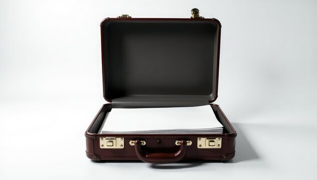 Locked briefcase on white, confidential papers inside, top secret, private, anonymous