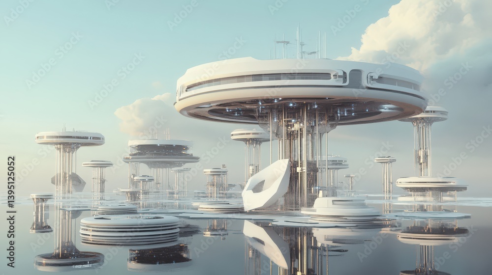 Poster a sci-fi inspired abstract construction zone with floating platforms assembling into a futuristic me