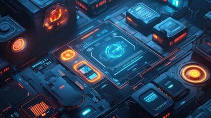 sci-fi inspired abstract technology design with transparent interfaces, neon touchpoints, and a dark futuristic cityscape