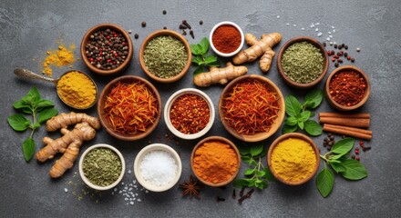 Variety of Colorful Spices and Herbs in Bowls on Dark Background
