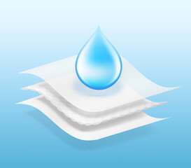 Absorbent three-layer material with drop. Infographic for toilet paper, napkins, wipes and other hygiene product. Vector illustration on colour background. EPS10.