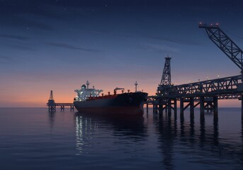 Fototapeta premium Tranquil twilight oil tanker at dock. AI Generated