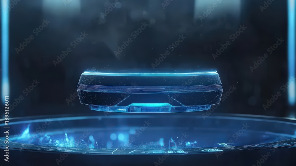 Poster a sci-fi inspired podium floating in a virtual reality setting with holograms.
