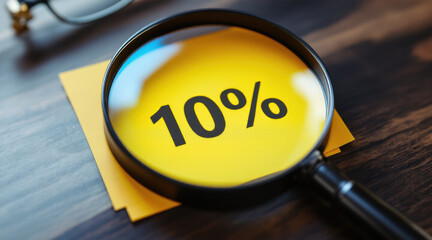 Tariff Taxes. magnifying glass focuses on yellow paper with 10 percent written on it symbolizing tariff analysis