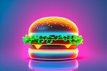 A vibrant neon burger pulsates with 80s retro energy, glowing with colorful lights against a dark purple backdrop.
