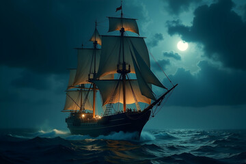 Fototapeta premium Majestic Sailing Ship Silhouetted Against a Moonlit Sky, An Evocative Nautical Scene Capturing the Essence of Maritime Adventure and Historical Voyage