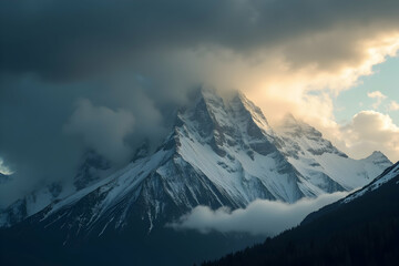 Obraz premium Majestic Snowcapped Mountain Range Under a Dramatic Sky with Approaching Storm Clouds Creating a Sense of Awe and the Raw Power of Nature
