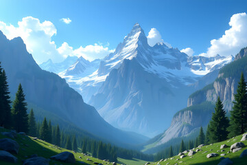 Majestic Sundrenched Mountain Range, A High-Resolution Stock Photo Showcasing Towering Peaks, Lush Green Valleys, and Pristine Blue Skies in a Breathtaking Panorama