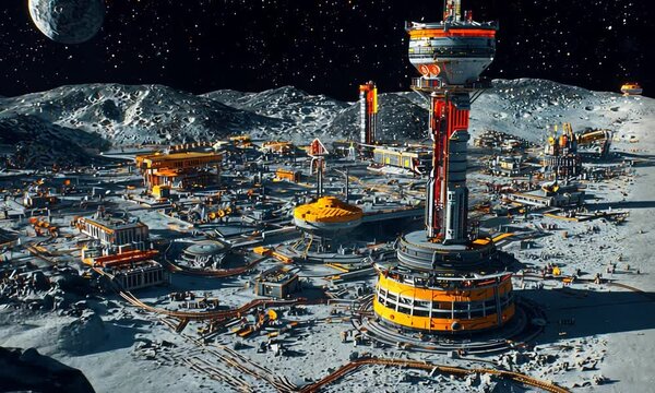 Futuristic lunar base with advanced structures, vehicles, and distant Earth visible in space