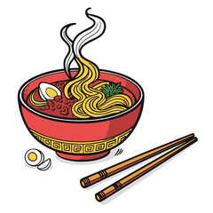 Create a bold, vector illustration of a steaming bowl of ramen noodles.  Emphasize strong lines and vibrant colors.