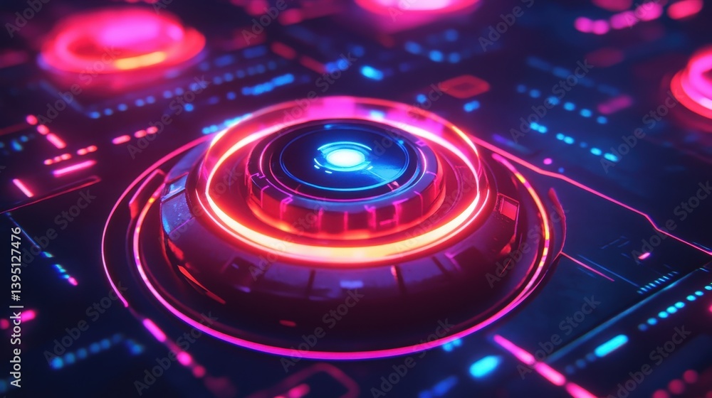 Aufkleber a sci-fi styled push button, surrounded by glowing energy rings and interactive animations.