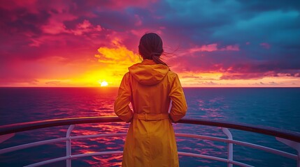 Young Woman in Yellow Raincoat Enjoying Stunning Sunset at Sea