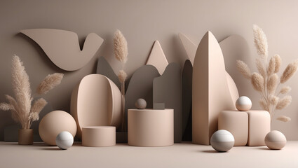 Abstract Beige Scene With Geometric Shapes And Pampas Grass Decorations Still Life © hasina