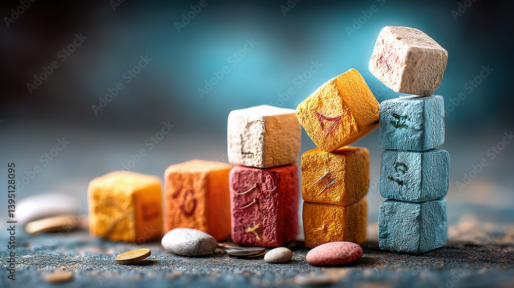 Poster colorful textured cubes stacked in ascending pattern on dark background