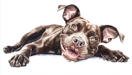 Happy dark brown pitbull in watercolor