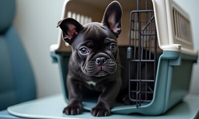 Black French Bulldog Puppy Looking Alert in Teal Carrier