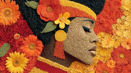 Floral portrait of a woman, created with seeds and flower petals in warm colors.