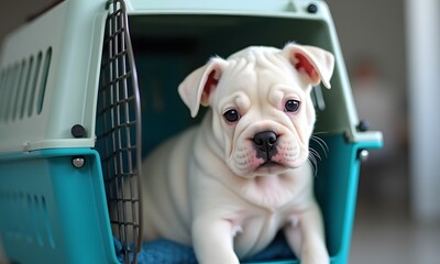 White Bulldog Puppy Sitting Attentively in Teal Carrier with Expressive Eyes