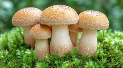 Forest mushrooms cluster on moss, blurred background