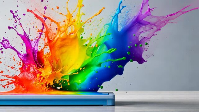 Vibrant ink splattering from white printer, digital representing Think process plashes of colorful paint concept. printing differently and work process, creative idea copy space for text video 4k